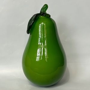 Murano Style Hand Blown Glass Green Pear w/ Leaf and Stem 4.75" Tall